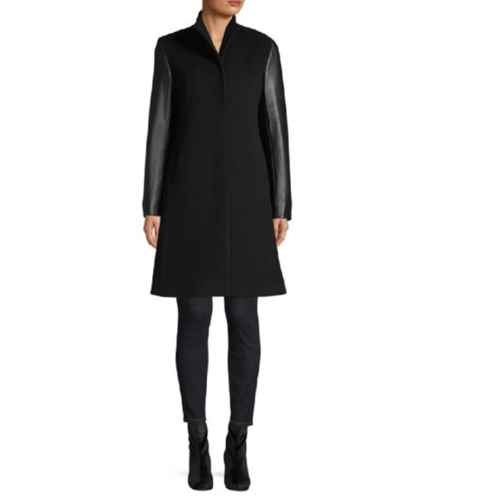 HiSO Leather Sleeve Wool & Cashmere-Blend Coat